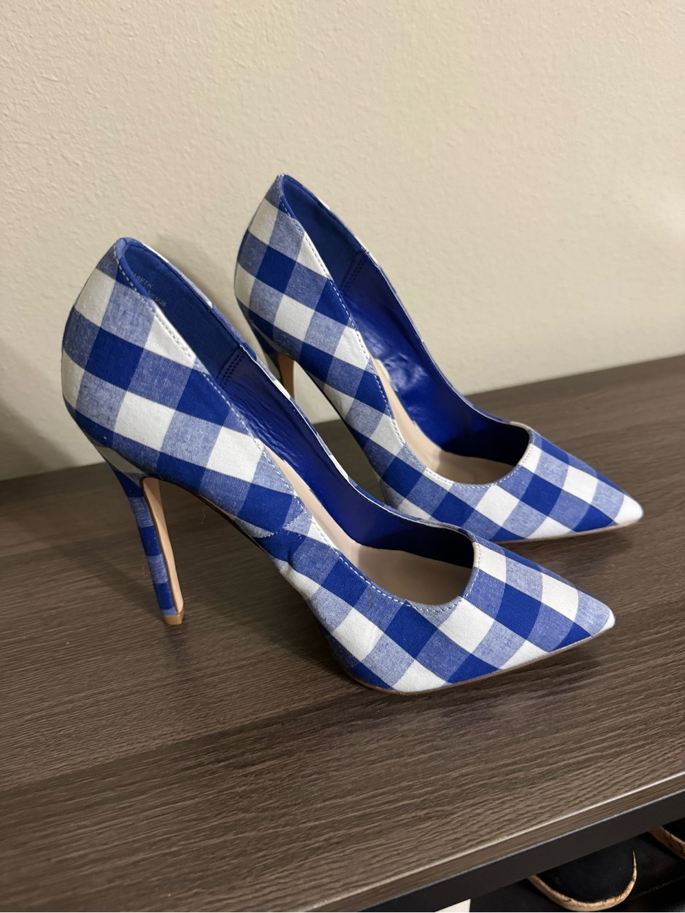 Blue Gingham Pointed Toe Stiletto Heels - Picture 2 of 3